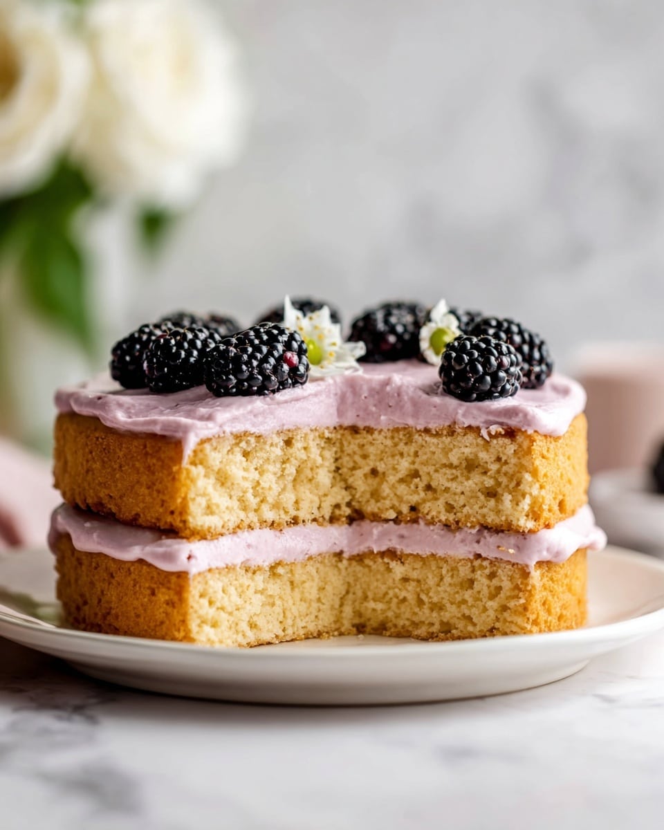 A two-layer light yellow sponge cake with soft, smooth light pink frosting between the layers and on top, decorated with whole blackberries evenly spaced around the edge of the top layer. The cake sits on a round white plate placed on a white marbled surface, with a blurred white flower arrangement in the background. Photo taken with an iphone --ar 4:5 --v 7