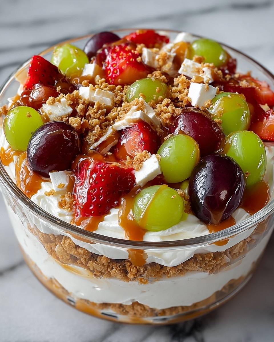 This dish is a colorful trifle served in a clear glass square bowl showing multiple layers. The bottom layer is a golden brown crumbly base. On top of that is a thick, white creamy layer with swirled texture. The top layer is full of fresh fruits including bright red strawberry halves, shiny green grapes, and dark red grapes scattered evenly. There are pieces of crumbly nuts and small white chunks sprinkled throughout. A shiny caramel sauce is drizzled over the top, making the fruits and nuts glisten. The bowl is placed on a white marbled texture. photo taken with an iphone --ar 4:5 --v 7