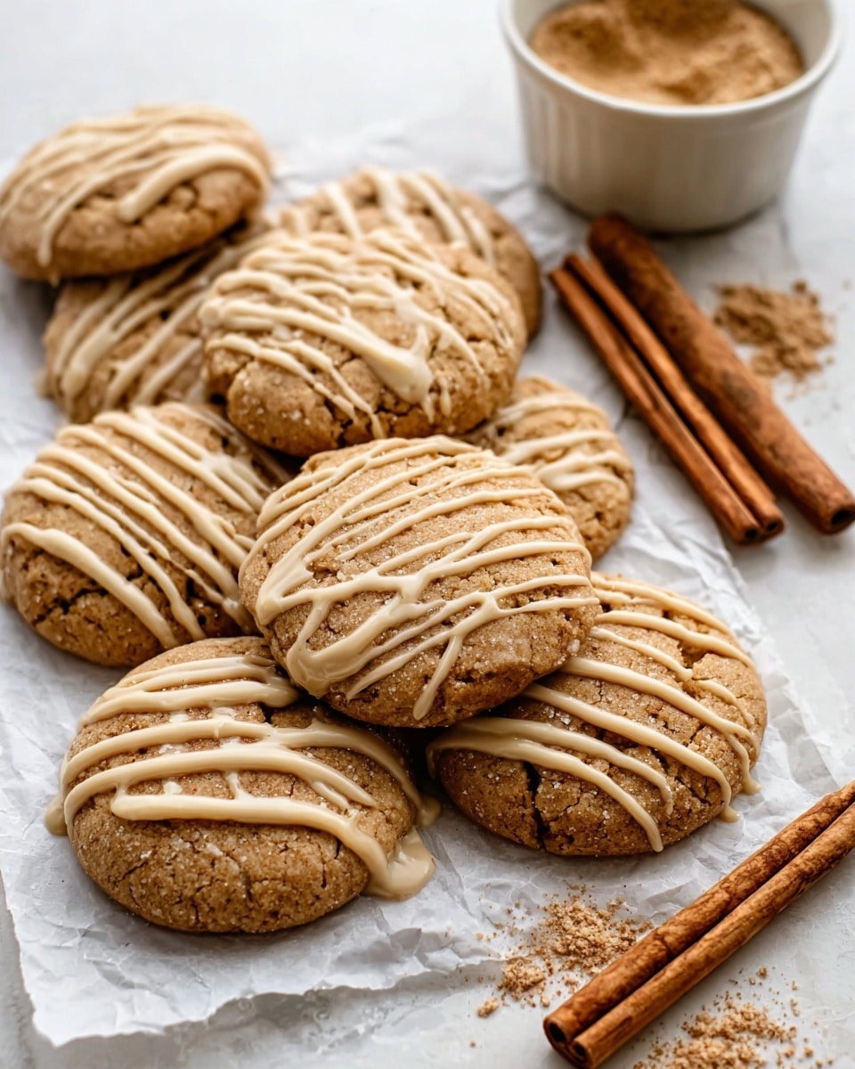 The image shows a group of round cookies with a light brown color, placed on white parchment paper on a white marbled surface. Each cookie has a rough texture with slight cracks and is topped with thin, smooth beige icing drizzled in a zigzag pattern. To the side, there is a small white bowl filled with a light brown powder, and two cinnamon sticks are placed next to the bowl. A woman's hand is reaching towards one of the cookies. photo taken with an iphone --ar 4:5 --v 7