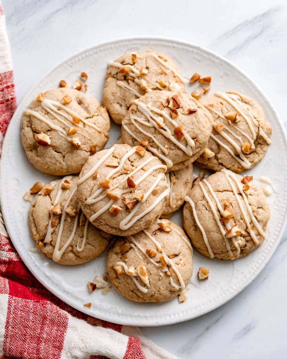 A white plate filled with seven soft, round cookies that have a light brown color and a slightly rough texture. Each cookie is drizzled with thin lines of creamy white icing, and small pieces of chopped nuts are scattered on top of and around the cookies. The plate is on a white marbled surface, with a red and white checkered cloth partially visible in the bottom left corner. photo taken with an iphone --ar 4:5 --v 7