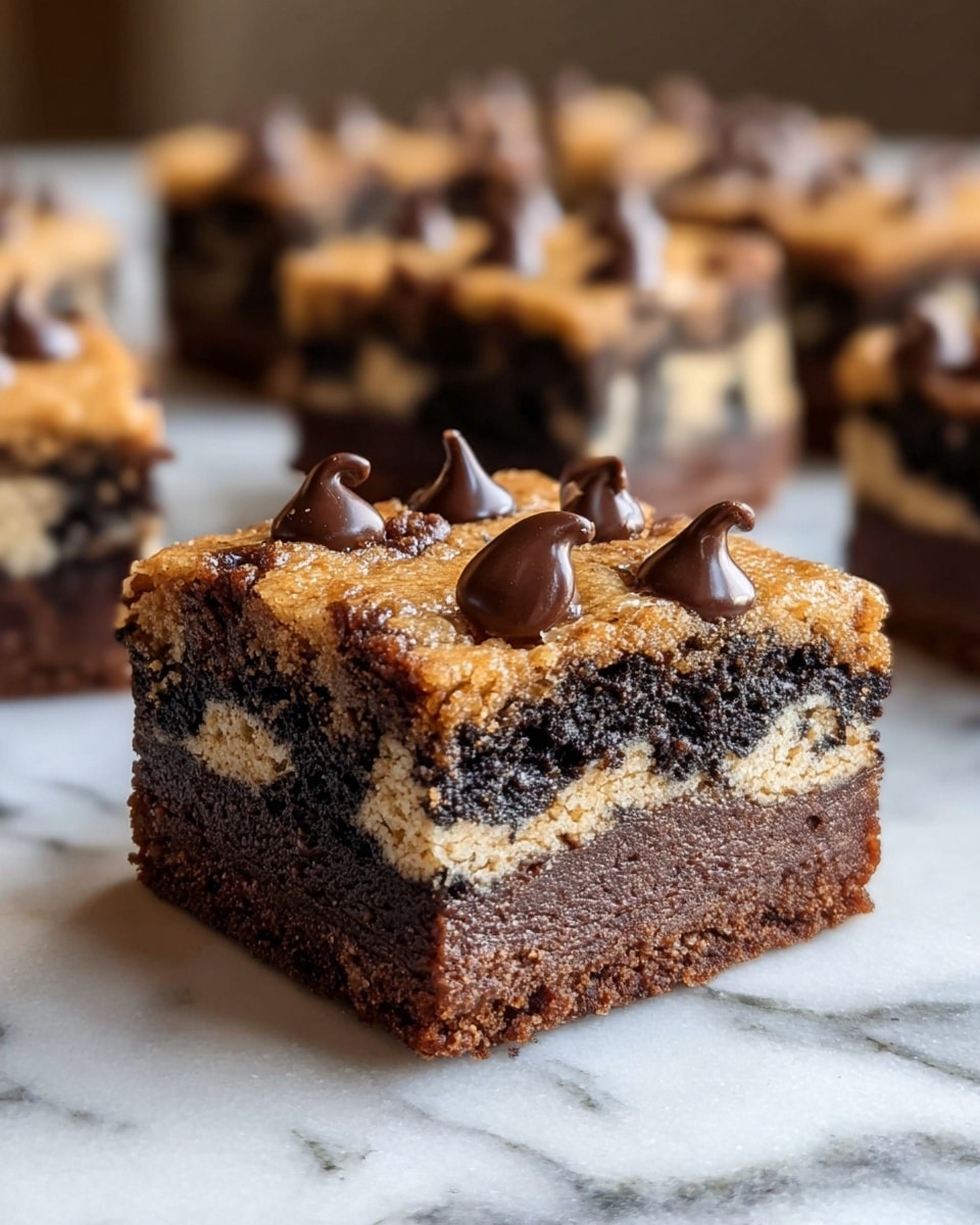 The image shows a close-up of a square dessert bar with three distinct layers. The bottom layer is a dense, dark brown chocolate base. Above it, there is a middle layer with a crumbly chocolate and cream cookie texture, appearing almost black with white streaks. The top layer is a golden-brown cookie dough, studded with large, glossy dark chocolate chips scattered unevenly. The bar is placed directly on a white marbled surface, with more similar bars blurred in the background. photo taken with an iphone --ar 4:5 --v 7