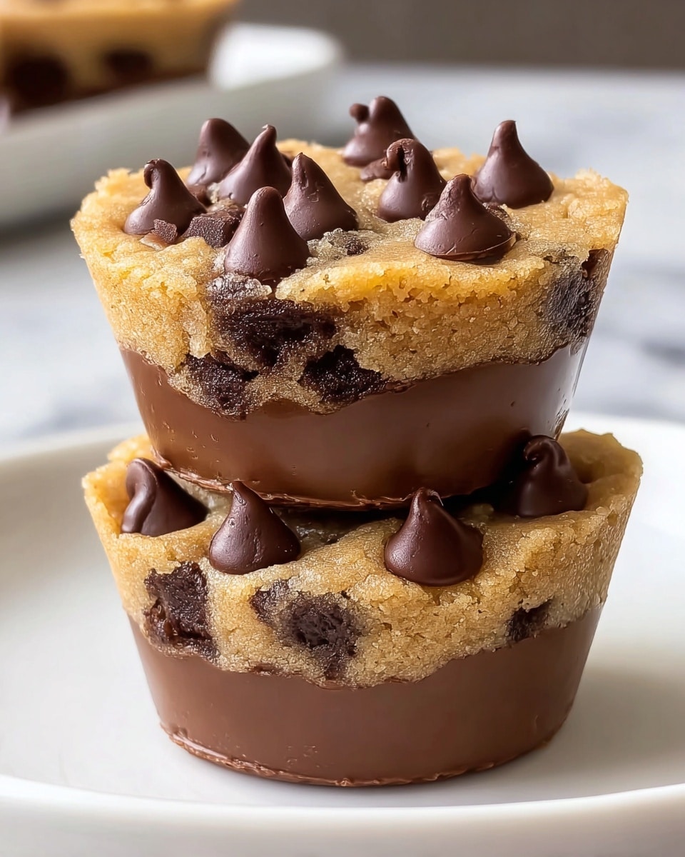 Two stacked mini chocolate chip cookie cups are placed on a white plate with a white marbled surface in the background. Each cup has two layers: the bottom half is smooth and shiny milk chocolate forming a thick base, while the top half is a golden baked cookie dough embedded with dark chocolate chips, showing a rough texture. The top surfaces of both cookie cups are dotted with several glossy, teardrop-shaped chocolate chips. The bottom cup has some chocolate chips slightly melted into the cookie surface. photo taken with an iphone --ar 4:5 --v 7