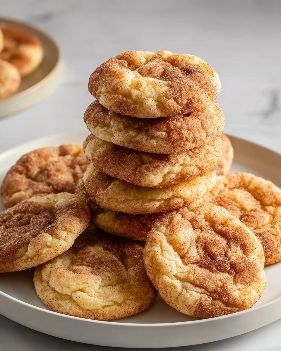 A white round plate holds a stack of nine crinkly snickerdoodle cookies, each with a light golden color and a rough texture covered in cinnamon sugar, giving them a slightly grainy look. The cookies are unevenly shaped with wavy edges, and the top cookie shows clear cinnamon sugar patches. Around the plate, there are a few loose cookies resting on a white marbled surface, adding depth to the scene. The light creates soft shadows, highlighting the crispy and sugar-coated texture of the cookies. photo taken with an iphone --ar 4:5 --v 7