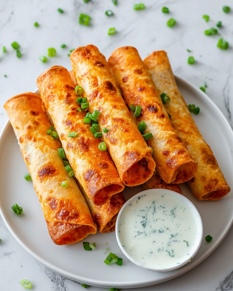 A white plate holds six golden-orange crispy rolled taquitos, stacked in two layers with the front layer showing three taquitos slightly overlapping each other, and the back layer showing three more taquitos. The taquitos have a bubbly and crunchy texture with small browned spots on their surface. They are garnished with small pieces of chopped green onions scattered across the taquitos and plate. Next to the taquitos, on the bottom right of the plate, is a small white bowl filled with creamy white dipping sauce speckled with tiny green herbs. The plate is set on a white marbled surface with additional scattered green onion pieces around it. photo taken with an iphone --ar 4:5 --v 7