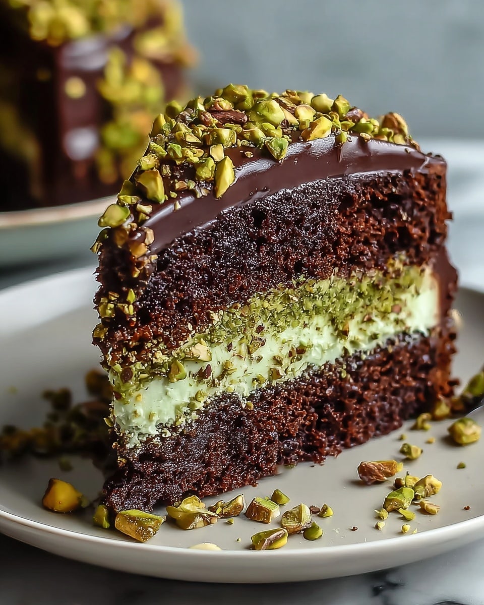A slice of rich chocolate cake sits on a white plate with a white marbled texture surface beneath. The cake has four visible layers, starting with a dense, dark chocolate base, followed by a thick green pistachio nut layer with crunchy texture, then a smooth creamy white layer, and topped with another dark chocolate cake layer. The top is covered with a shiny chocolate ganache and sprinkled generously with chopped pistachio nuts. Some pistachio pieces are scattered on the plate, adding texture and color contrast to the dessert. Photo taken with an iphone --ar 4:5 --v 7