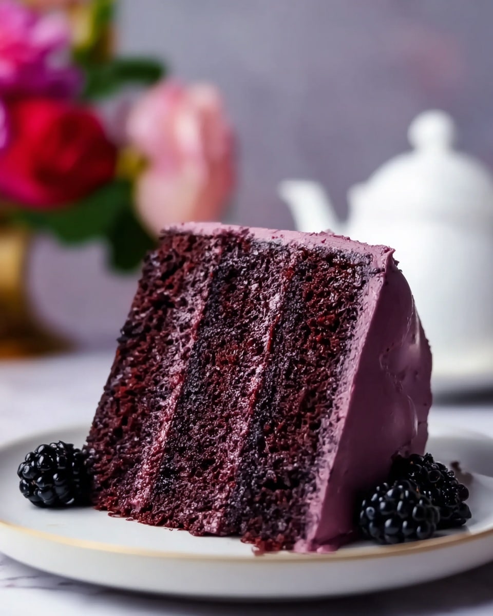 A tall slice of dark chocolate cake with three layers sits on a white plate with a simple design. The cake layers are thick, dark brown, and moist with a rough texture. Between each cake layer is a smooth, purple frosting that also covers the outside of the slice fully. Two blackberries rest at the base of the cake on the plate. The background shows blurred pink and red flowers and a white teapot on a white marbled surface. photo taken with an iphone --ar 4:5 --v 7