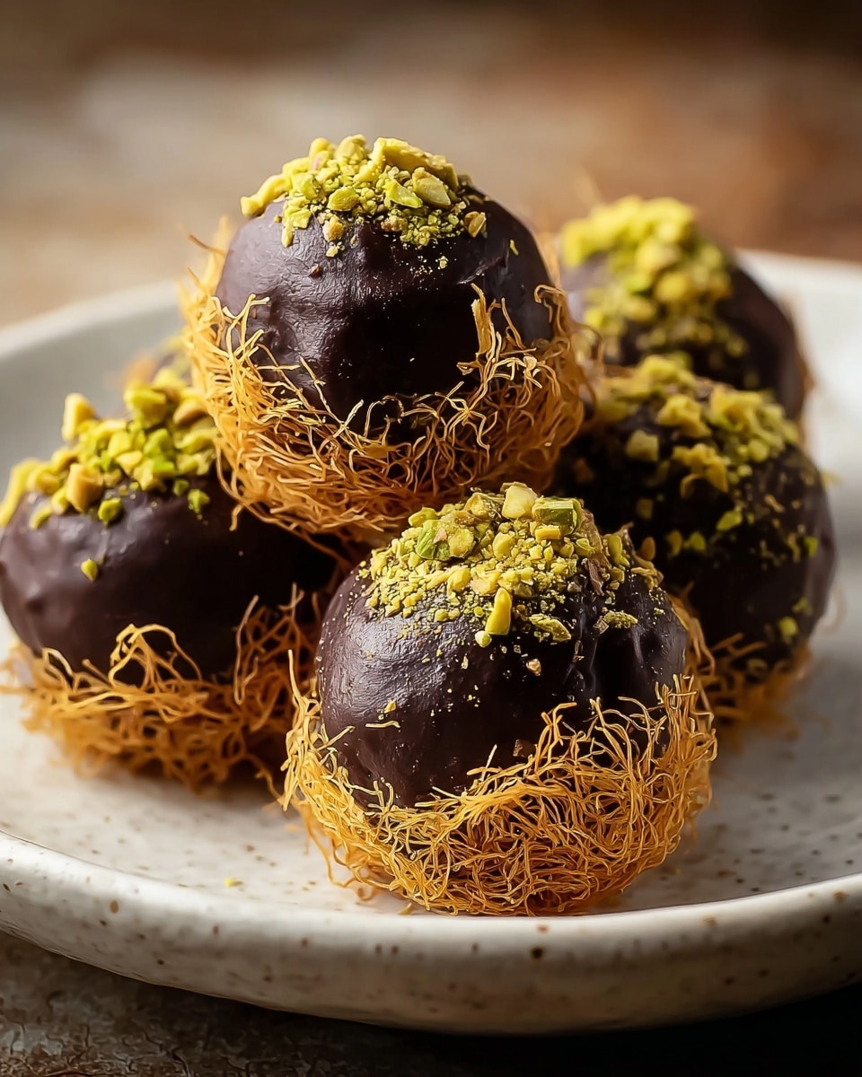 A close-up view of five round chocolate truffles resting on a white plate with a subtle texture. Each truffle has a shiny dark chocolate coating forming the smooth top layer, sprinkled with crushed bright green pistachio nuts. The bottom half of each truffle is wrapped in a nest of fine, golden-brown crispy strands that look light and crunchy. The truffles are piled softly together, giving a sense of softness and richness. The background features a white marbled texture with warm lighting that highlights the glossy chocolate and delicate strands. photo taken with an iphone --ar 4:5 --v 7