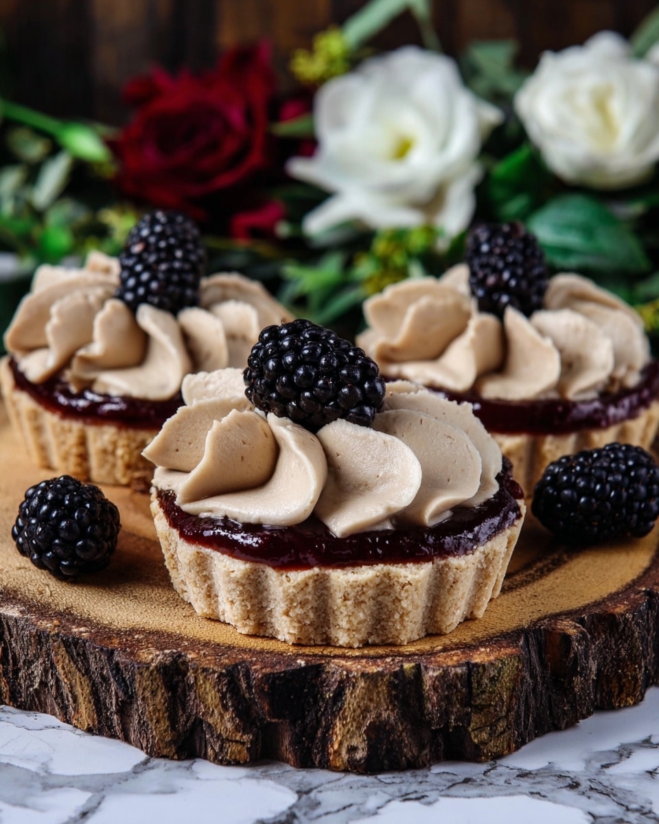 Three small tarts sit on a rustic wooden slice. Each tart has three visible layers: a light beige crumbly crust as the base, a glossy dark red jam layer in the middle, and a smooth, light brown cream piped in thick waves on top. Two large blackberries, dark and shiny, rest on the cream of each tart. The background shows blurred green leaves and red and white flowers, all on a white marbled surface. Photo taken with an iphone --ar 4:5 --v 7