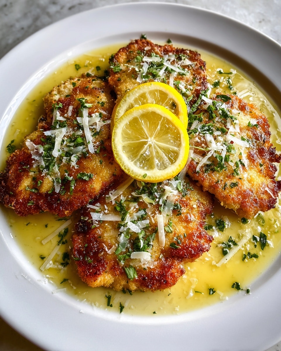 A white plate holds four pieces of golden brown, crispy breaded chicken cutlets arranged overlapping each other, each topped with finely chopped green herbs and shaved white cheese. The cutlets sit in a pool of glossy, buttery yellow sauce that glistens under the light. On top of the middle cutlet, two bright yellow lemon slices are neatly placed, adding a fresh contrast to the dish. The texture of the crispy chicken coating is clearly visible, with specks of herbs done lightly on top. The background shows a white marbled texture. photo taken with an iphone --ar 4:5 --v 7