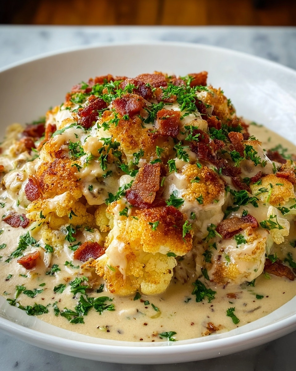 The dish is presented on a white plate filled with a creamy sauce as the bottom layer, light beige in color with specks of herbs and spices throughout. On top, there are chunks of golden brown roasted cauliflower, crispy on the edges and coated with a rich cream sauce. Scattered on the cauliflower are small pieces of browned bacon adding a reddish-brown contrast. The entire dish is sprinkled with finely chopped fresh green parsley, giving it a fresh pop of color. The textures show a mix of smooth creamy sauce, crunchy cauliflower edges, and bits of crisp bacon, all sitting on a white marbled surface. photo taken with an iphone --ar 4:5 --v 7