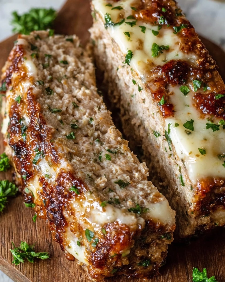 Two thick, textured meatloaf slices lie side by side on a wooden surface with a white marbled background. Each slice has a golden-brown crispy top layer with patches of melted creamy white cheese, slightly browned in places and dotted with finely chopped green herbs. The inside of the meatloaf is light beige, showing a moist, crumbly texture with visible flecks of herbs. The edges of the slices are well-cooked with darker caramelized spots. Small pieces of parsley are scattered around the meatloaf, adding a fresh green touch to the warm, golden tones. Photo taken with an iphone --ar 4:5 --v 7