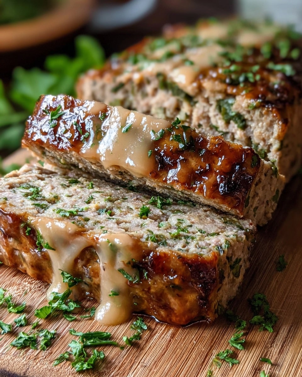 The image shows two thick rectangular slices of meatloaf with a golden-brown crust and a glossy, light brown sauce drizzled on top. The inside of the meatloaf is moist and speckled with green herbs, with a dense but slightly crumbly texture. Fresh chopped green parsley is sprinkled over the top and around the meatloaf. The meatloaf is placed on a wooden board, and the background is softly blurred, emphasizing the dish. Photo taken with an iphone --ar 4:5 --v 7