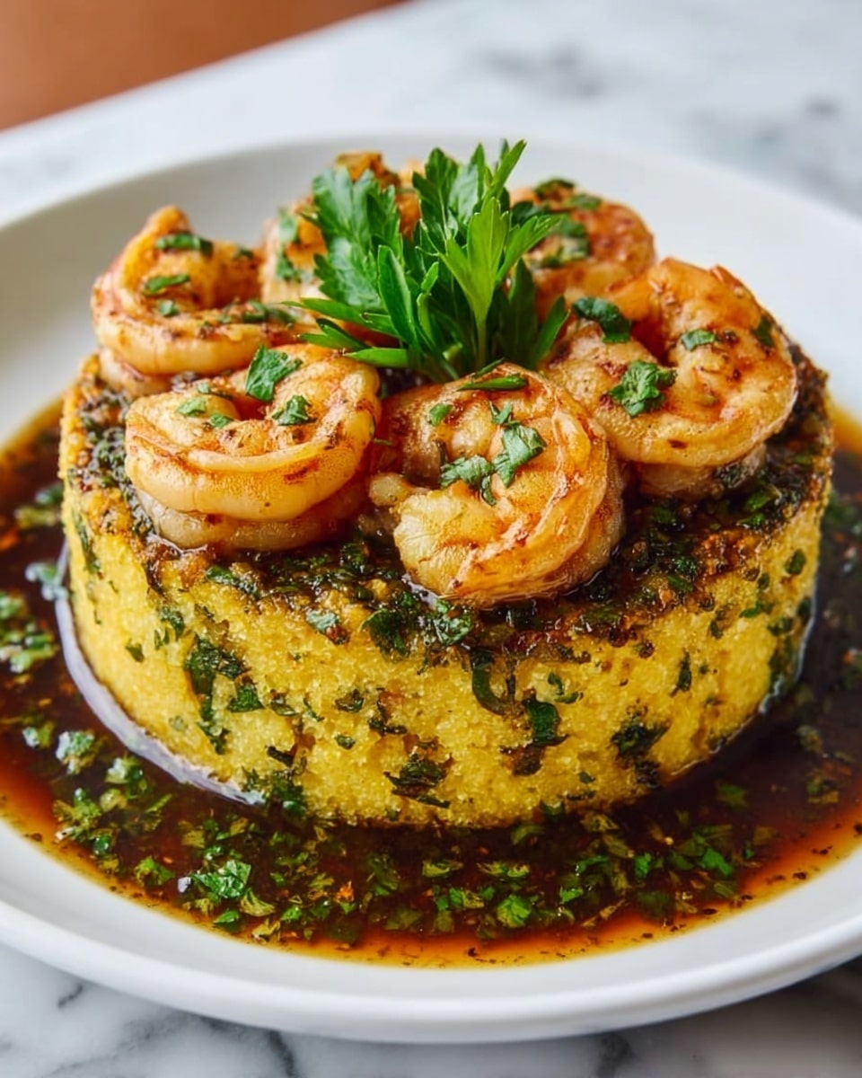 A white round plate holds a neatly shaped double-layered mound. The bottom layer is a thick, dense bed of yellow cornbread mixed with green herbs and black pepper, giving it a textured, slightly crumbly look. On top, there are about six large, pink, cooked shrimp arranged in a circular pattern, each garnished with finely chopped green herbs. The dish is surrounded by a pool of dark brown sauce with green herbs scattered in it. A small bunch of fresh green parsley is placed on top of the shrimp for garnish. The background is a white marbled surface. photo taken with an iphone --ar 4:5 --v 7