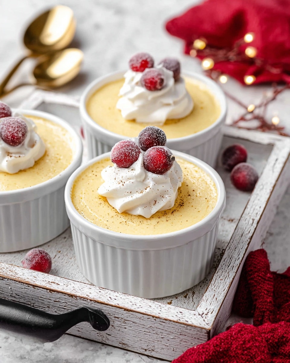 Three white ramekins filled with a smooth, pale yellow custard, each topped with a small dollop of white whipped cream and two red frosted cranberries, sitting closely together on a rustic white wooden tray with a distressed finish. The custard layers are thick and creamy with a few specks of darker spice sprinkled on top. The tray rests on a white marbled surface, accompanied by two gold spoons partially visible in the background and a black handle of a kitchen tool in the foreground. A red cloth appears at the edge of the scene, adding a festive touch. The photo taken with an iphone --ar 4:5 --v 7