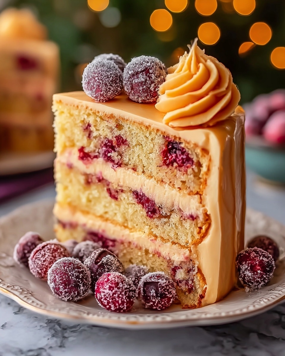 A three-layer slice of light yellow cake with visible bits of red berries baked inside each layer sits on a white plate with decorative edges. Between each cake layer and on top is a smooth, thick layer of light orange frosting. The top edge of the cake slice has a piped swirl of the same orange frosting. On top of the cake are several frosted red and dark red berries, dusted with a light powdered sugar. More frosted berries are scattered around the base of the slice on the plate. The background is a blurred setting with warm orange lights and a white marbled texture beneath the plate. photo taken with an iphone --ar 4:5 --v 7
