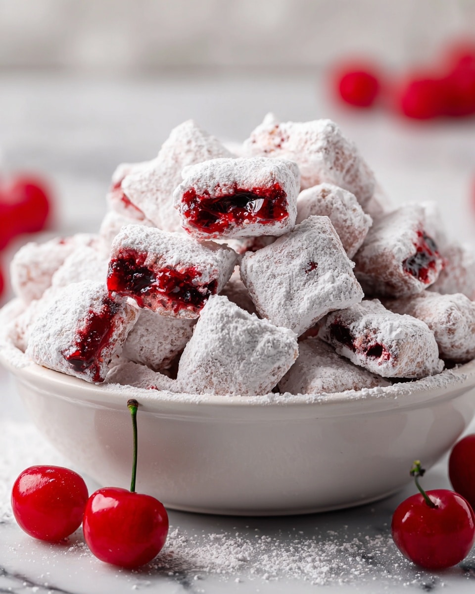 A white bowl filled with many small, square-shaped treats covered with a thick layer of white powdered sugar, showing bright red cherry filling oozing out of some pieces, creating a contrast with the soft, pale outer layer. The treats are piled up high, and a few whole shiny red cherries with green stems are scattered around the bowl on a white marbled surface. The background is softly blurred to keep the focus on the bowl and its sweet contents. photo taken with an iphone --ar 4:5 --v 7