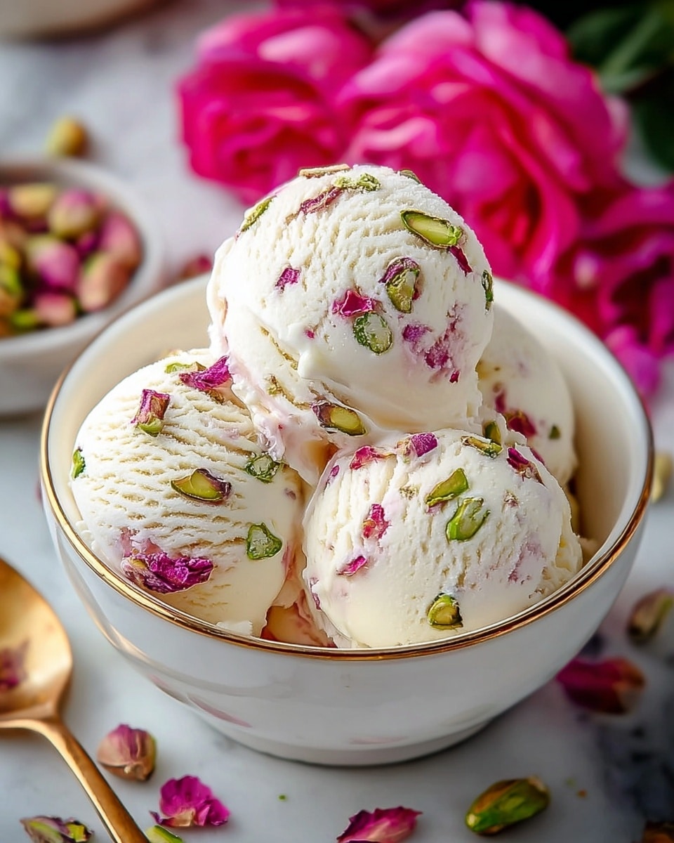 Three scoops of creamy white ice cream with visible pink rose petals and small green pistachio pieces are placed inside a white bowl with a thin gold rim. The ice cream scoops show a smooth texture with bits of the colorful ingredients mixed throughout. The bowl sits on a surface with white marbled texture, surrounded by blurred pink rose flowers and some pistachios in the background. The image is bright and focuses closely on the ice cream, making the colors and textures clear and inviting. photo taken with an iphone --ar 4:5 --v 7