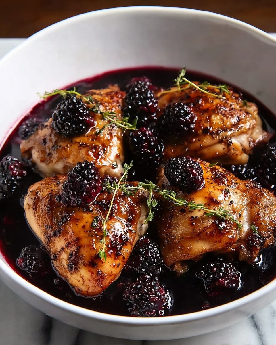 A white bowl holds three browned chicken thighs, each with a shiny glaze and visible grill marks, sitting in a deep purple blackberry sauce that almost fills the bowl. The chicken is topped with whole blackberries and sprigs of fresh green thyme, adding contrast to the rich colors. The sauce has small pieces of blackberries scattered around the thighs, giving it a textured look. The photo is taken on a white marbled surface. Photo taken with an iphone --ar 4:5 --v 7
