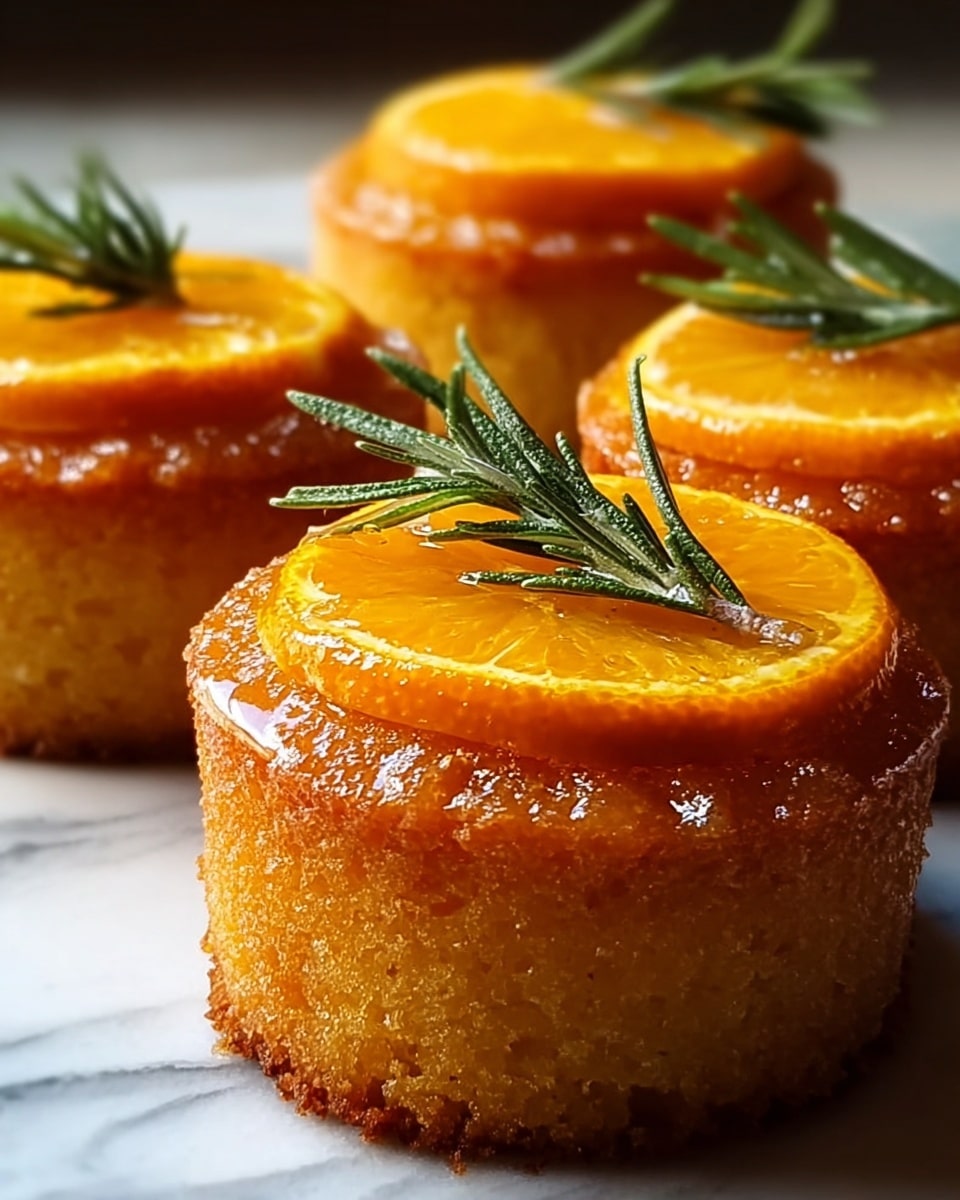 The image shows four small round orange cakes arranged close to each other on a white marbled surface. Each cake has a moist and slightly rough-textured golden-brown base with a shiny glaze on top. A thin slice of bright orange with a glossy surface sits flat on each cake, and a small sprig of fresh green rosemary is placed delicately on top of the orange slice. The cakes are lit warmly, highlighting their glistening glaze and the fresh look of the orange and rosemary. Photo taken with an iphone --ar 4:5 --v 7