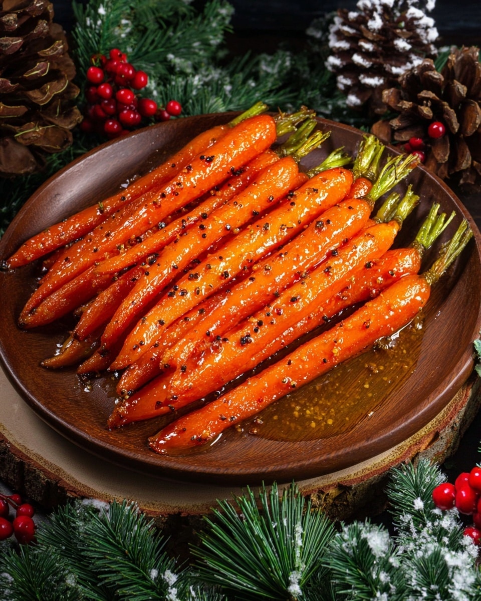 A round wooden plate holds about thirteen roasted carrots neatly stacked in two layers, with bright orange carrots showing a shiny glaze and some black pepper sprinkled on top. The carrot tops are trimmed but still green, and a few droplets of glaze are glistening on the plate. The plate sits on a wooden slice, surrounded by green pine branches, pine cones dusted with white, and red berries, all set against a dark background. photo taken with an iphone --ar 4:5 --v 7