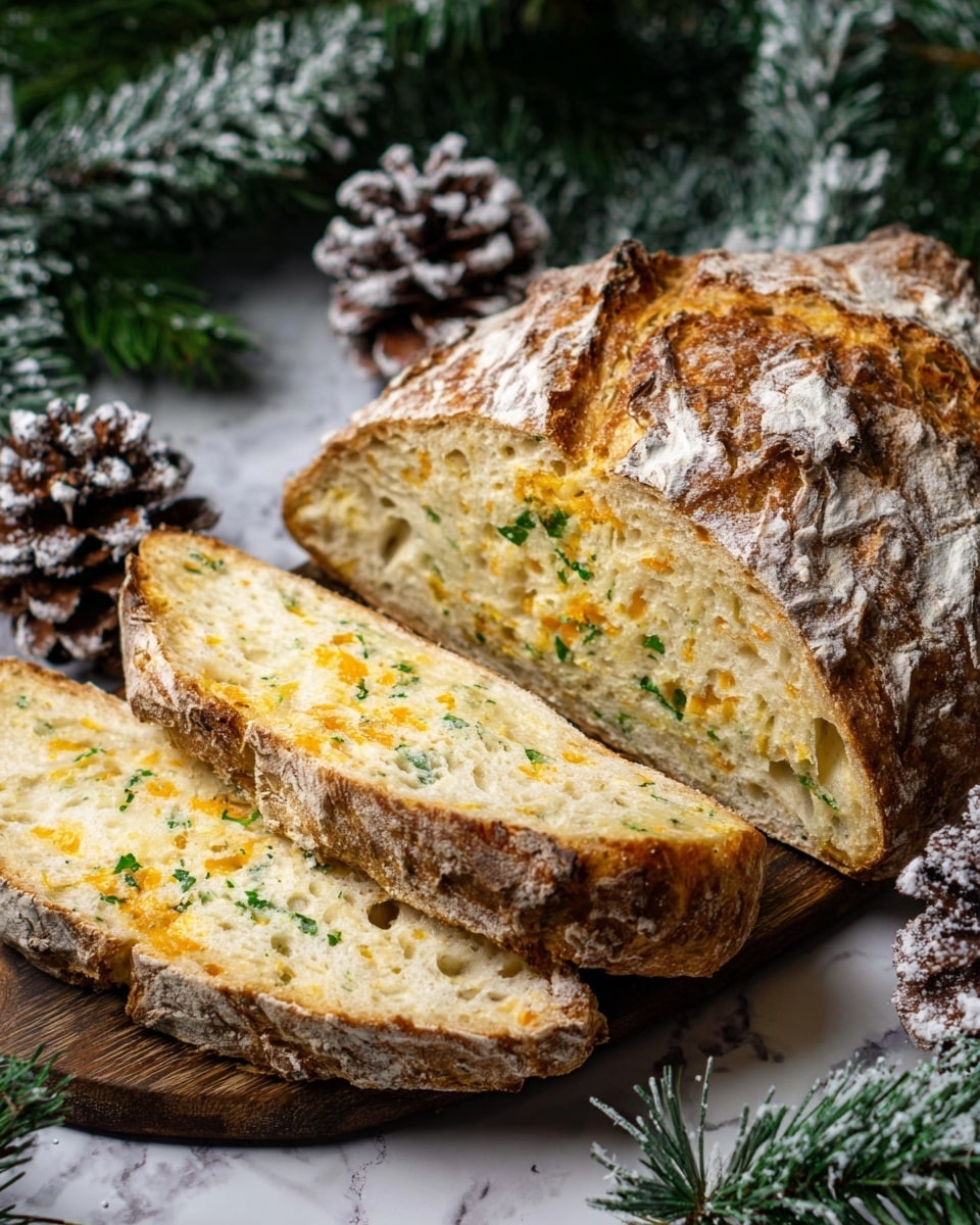 A rustic loaf of bread is shown cut into three large slices, revealing a soft, pale yellow inside with green herb pieces and small orange cheese bits scattered throughout. The crust is thick, rugged, and golden brown with a dusting of white flour, giving it a crunchy texture. The bread is placed on a wooden board surrounded by frosted pine cones and green pine branches, all set on a white marbled surface. The whole scene has a cozy, wintery feel. photo taken with an iphone --ar 4:5 --v 7