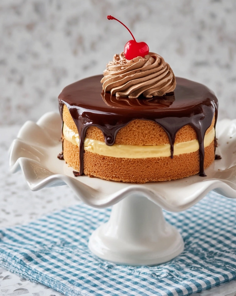 A small round cake with three visible layers sits on a white cake stand with a wavy edge. The bottom and middle layers are light brown sponge cake, with a pale yellow cream filling in the middle layer. The top layer is covered with smooth, shiny dark chocolate ganache that drips slightly over the sides. On top, there is a swirl of light brown chocolate cream topped with a bright red cherry with a long stem. The cake stand is placed on a blue and white checkered fabric over a white marbled textured surface. photo taken with an iphone --ar 4:5 --v 7