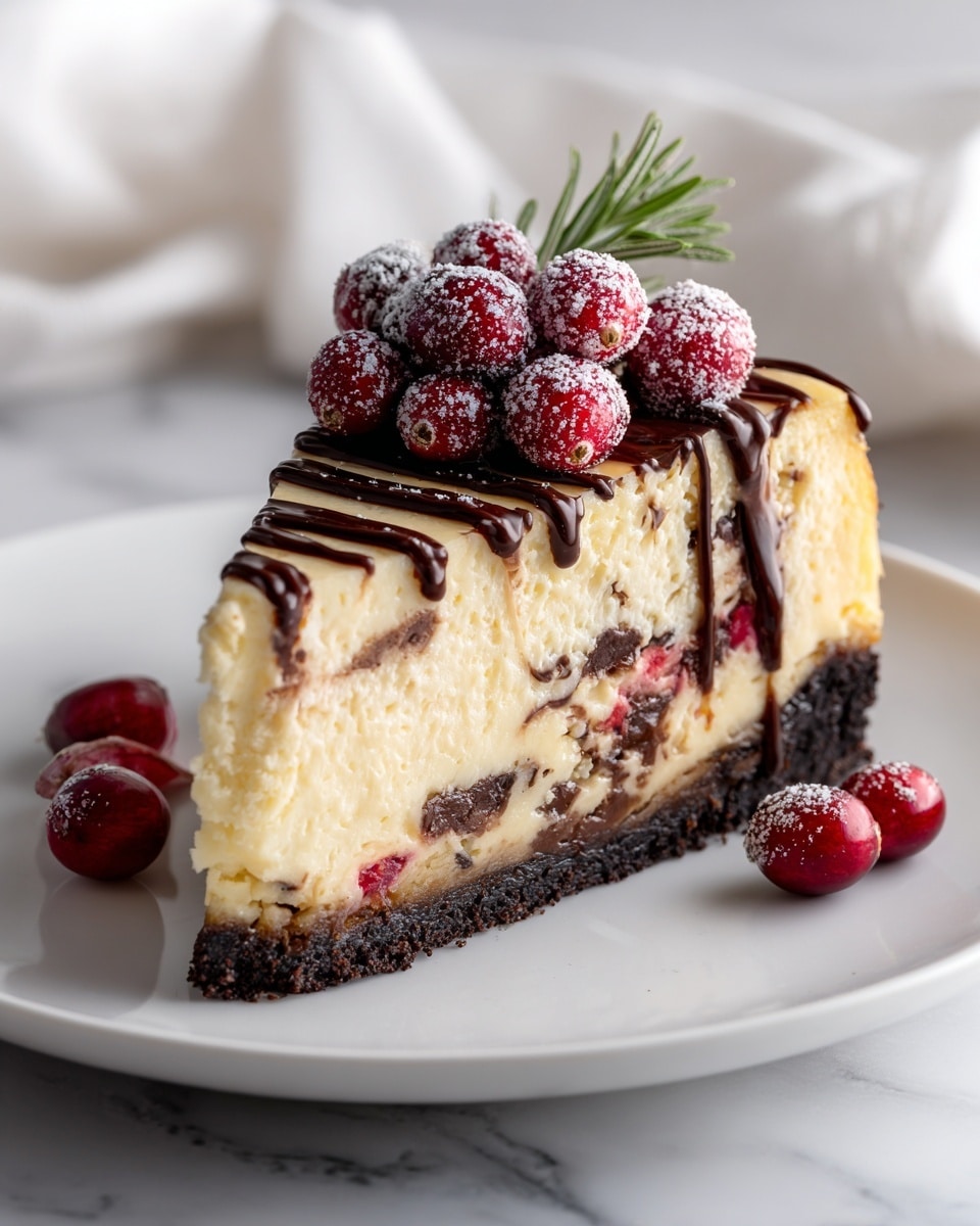 A slice of cheesecake with three main layers sits on a white plate on a white marbled surface. The bottom layer is a dark, crumbly chocolate crust. Above is a thick layer of creamy, pale yellow cheesecake that has swirls of red fruit and pieces of chocolate mixed inside. The top is smooth and light with dark chocolate drizzled across it in thin lines. On top, there is a cluster of shiny red cranberries dusted with white powdered sugar, along with a small green rosemary herb for decoration. A few loose cranberries are placed beside the plate. Photo taken with an iphone --ar 4:5 --v 7
