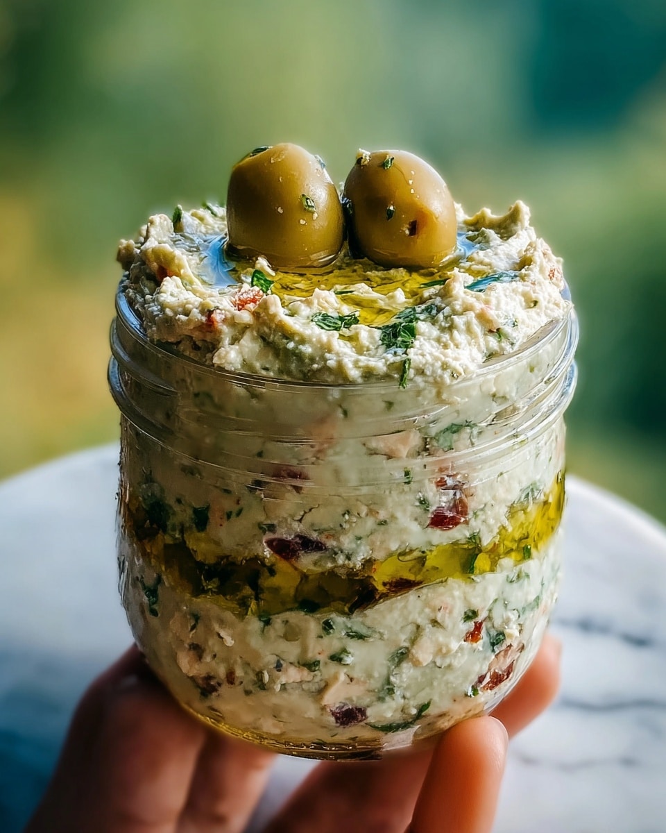 A clear glass jar filled with a creamy, textured spread that has layers of soft white and green mixed with small bits of red pieces and herbs throughout, creating a fresh and colorful appearance. The top layer is unevenly spread with a slight rough texture, showing a drizzle of glossy golden olive oil pooled in the middle. Two whole green olives sit on top, adding a smooth, shiny contrast to the overall texture. A blurred woman's hand is holding the jar from the bottom, with a soft green background and a white marbled surface below. photo taken with an iphone --ar 4:5 --v 7
