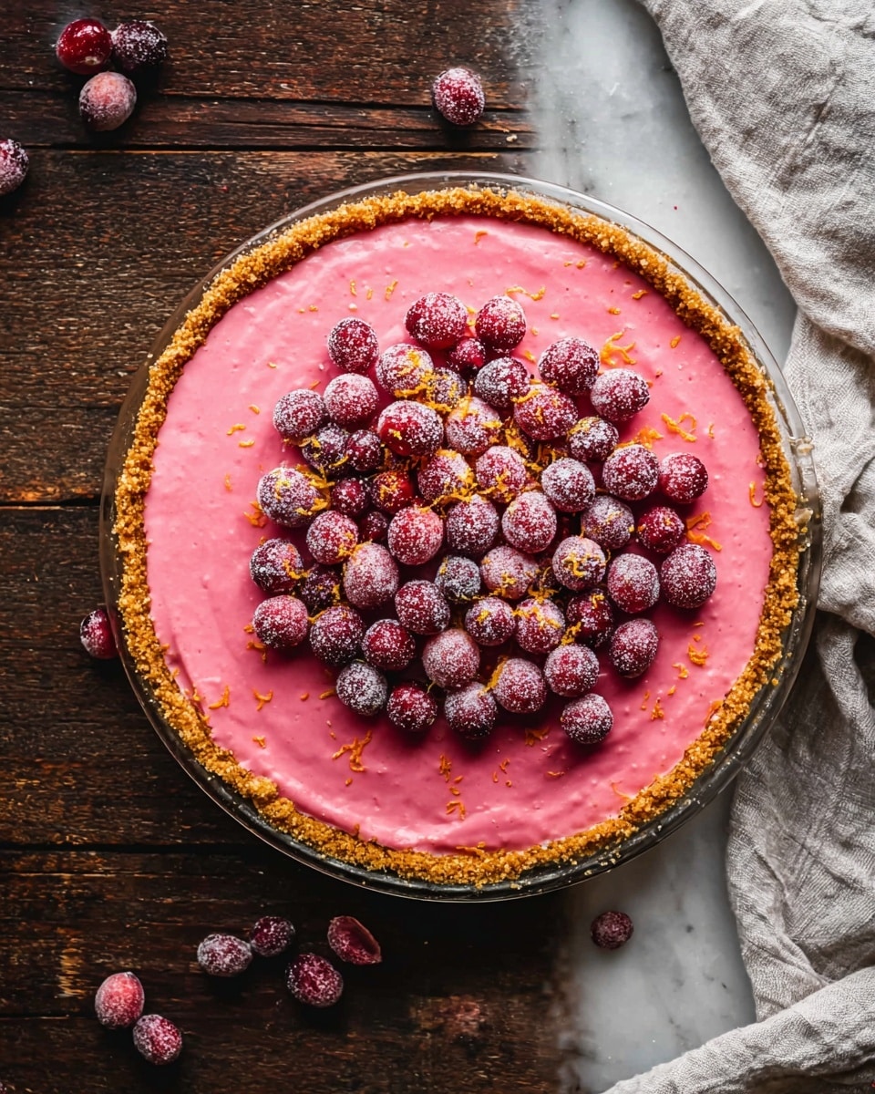 A round pie with three visible layers is shown from above on a white marbled surface: the bottom thick crust layer is crumbly and golden brown, the middle layer is smooth and bright pink, filling the pie evenly, and the top layer is a pile of shiny red cranberries lightly coated with sugar, scattered in the center with some orange zest sprinkled over and around them, all presented in a clear round pie dish with handles on a dark wooden background and a light-colored cloth partly under the dish; a few sugared cranberries are scattered nearby. photo taken with an iphone --ar 4:5 --v 7