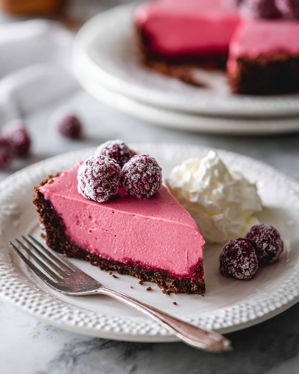 A slice of bright pink berry mousse pie sits on a white plate with a textured edge, showing two layers: a thick, smooth, vibrant pink mousse filling and a dark brown crumbly crust at the bottom and around the sides. Two sugared berries rest on top as a garnish, and a dollop of white whipped cream is placed beside the pie. Additional sugared berries are scattered around the plate, and a silver fork rests on the left side. In the background, there is another slice of the same pie on a white plate, sitting on a white marbled surface. Photo taken with an iphone --ar 4:5 --v 7