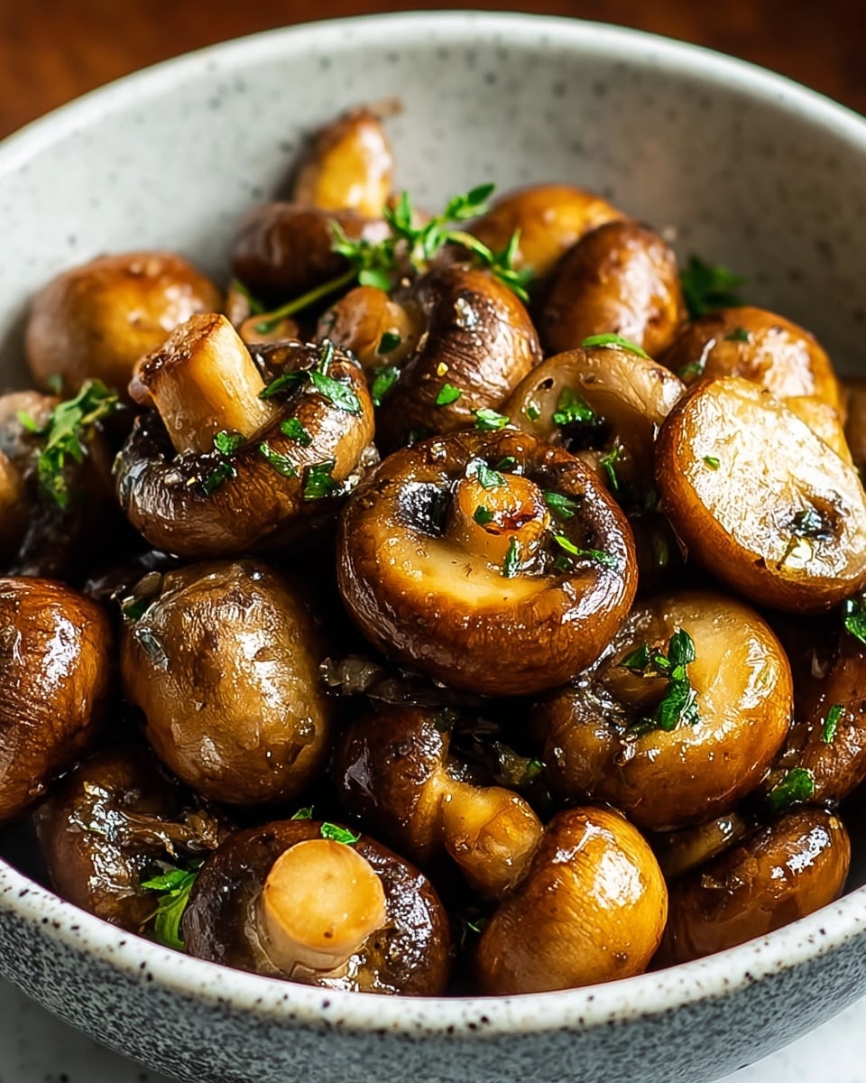 A close-up view of a bowl filled with cooked whole and sliced brown mushrooms glistening with a shiny coating, likely oil or butter. The mushrooms have a rich golden-brown color with visible textures on their caps and stems. Small pieces of green herbs are scattered throughout the mushrooms, adding a touch of freshness and color contrast. The bowl is white with a speckled gray inner surface, and the background is a white marbled texture. Photo taken with an iphone --ar 4:5 --v 7