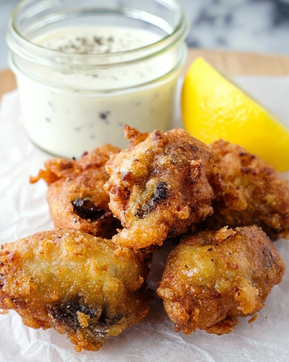 The image shows a close-up of four golden-brown fried pieces, each with a crispy and bubbly coating that is uneven and textured, with darker spots where the filling peeks out. Behind them, there is a small clear glass jar filled with a creamy white dipping sauce, topped with specks of seasoning. To the side of the fried pieces is a bright yellow lemon wedge. All items are placed on white parchment paper, set against a white marbled surface. Photo taken with an iphone --ar 4:5 --v 7