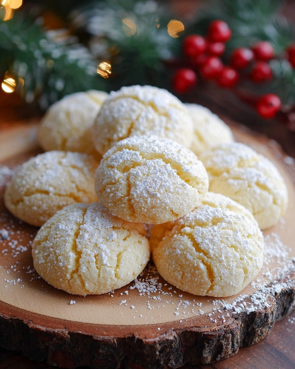 Seven soft, pale yellow round cookies are arranged closely on a wooden slice serving board. Each cookie has cracks on its surface and is covered with a light dusting of powdered sugar, creating a snowy, textured look. The wooden board has a natural edge with visible tree bark and some powdered sugar scattered around. The background shows blurred festive decorations, like green pine branches and red berries, adding a cozy holiday feel. photo taken with an iphone --ar 4:5 --v 7
