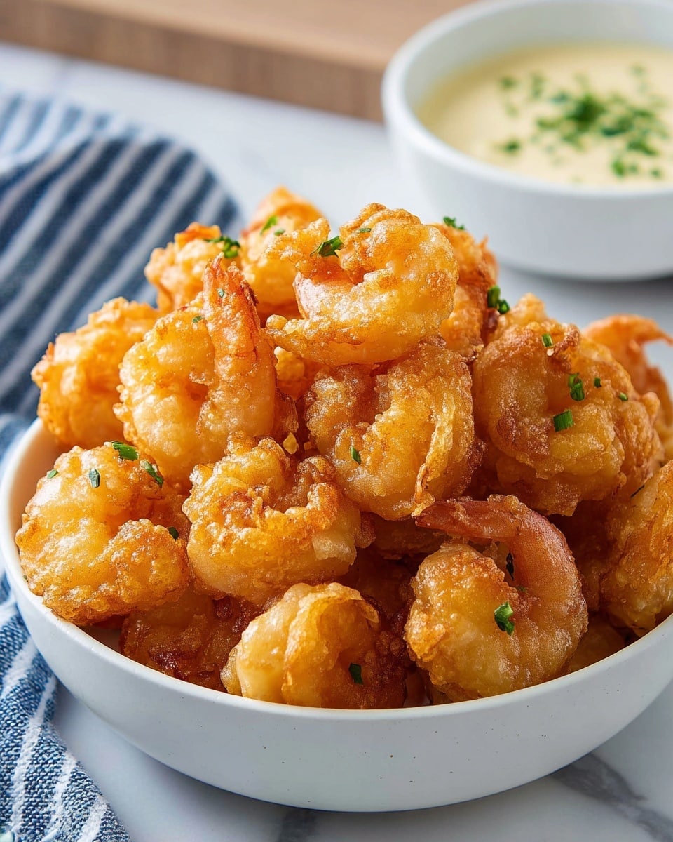 A white bowl filled with many small, round, golden-brown crispy fried shrimp pieces, each showing a bumpy, crunchy texture with some green herb bits sprinkled on top and around. The shrimp are piled high, showing layers of curled tails and puffed fried batter. In the background, there is part of a white bowl with a creamy light yellow sauce topped with small green herbs. The bowl sits on a surface with a white marbled texture, next to a blue and white striped cloth. Photo taken with an iphone --ar 4:5 --v 7