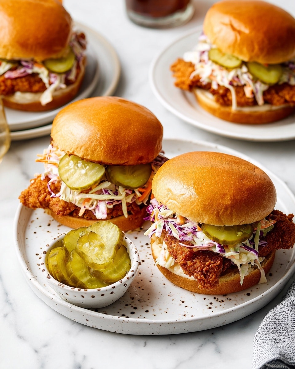 Three chicken sandwiches sit on a white plate with a rounded, dotted edge on a white marbled texture surface. Each sandwich has a shiny golden-brown top bun, a crispy fried chicken fillet with a rough textured brown crust, a layer of creamy coleslaw with white, orange, and purple shredded vegetables, and several green pickle slices both inside and on top. A small white bowl filled with pickle slices rests on the plate. Part of a fourth sandwich is visible on another white plate in the top left corner. Photo taken with an iphone --ar 4:5 --v 7