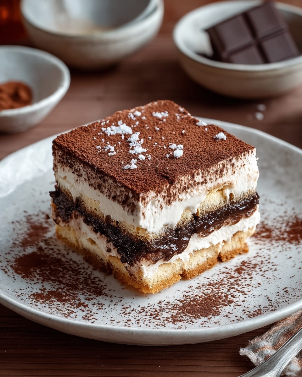 The image shows a square layered dessert with four distinct layers placed on a white plate; the bottom layer is a light brown cake or biscuit base, followed by a thick creamy white layer, then a dark brown chocolate or coffee-soaked biscuit layer, topped again with a creamy white layer and another thin soaked biscuit layer beneath a thick dusting of cocoa powder covering the top surface. There are a few white flakes sprinkled on the cocoa powder, and some cocoa powder is scattered around the plate edges. The plate sits on a wooden table, and in the background, there are blurred bowls and pieces of broken chocolate. Photo taken with an iphone --ar 4:5 --v 7