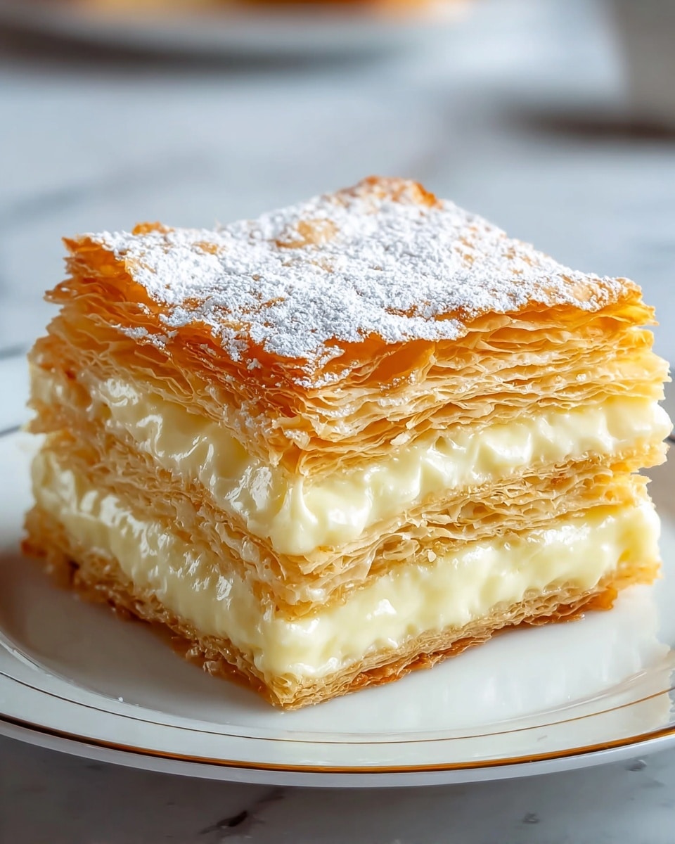 A square slice of layered pastry dessert is shown on a white plate with a thin gold rim, placed on a white marbled surface. The dessert has five visible layers: three crunchy, flaky golden-brown puff pastry layers alternate with two thick, creamy pale yellow custard layers in the middle. The top puff pastry is dusted lightly with powdered sugar, adding a soft white texture. The layers look delicate and flaky, with the creamy filling appearing smooth and rich between them. Photo taken with an iphone --ar 4:5 --v 7