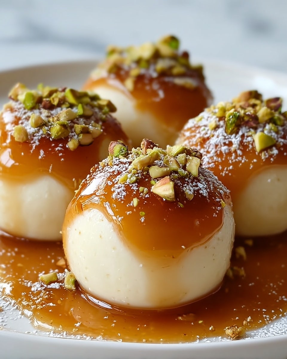 The image shows four round white dessert balls placed closely together on a white plate with a white marbled texture. Each ball has two layers: the bottom layer is a smooth, creamy white base, and the top layer is a thick, glossy amber caramel sauce that slowly drips down the sides. The caramel layer is sprinkled with small pieces of green and light brown chopped nuts, adding texture and color contrast. There is a light dusting of white powder on the caramel, enhancing the look of the dessert. The plate has some caramel sauce pooling around the base of the balls, reflecting light softly. photo taken with an iphone --ar 4:5 --v 7