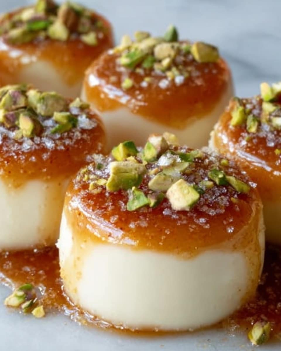The image shows a close-up of six round sweets placed closely together on a white marbled surface. Each sweet has two visible layers: the bottom layer is smooth, creamy white with a soft, slightly shiny texture, while the top layer is golden brown caramel sauce dripping slightly over the sides. The caramel layer is topped with small pieces of green pistachios and a light sprinkle of coarse white salt, adding texture and color contrast. The sweets look glossy and moist, with the caramel shining under the light. Photo taken with an iphone --ar 4:5 --v 7