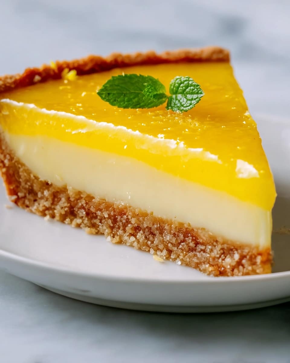 A close-up of a slice of lemon tart shows three clear layers on a white plate. The bottom layer is a crumbly, light brown crust with a rough texture, holding the tart together. Above it is a smooth, creamy pale yellow filling that looks soft and rich. The top layer is a bright, glossy yellow lemon glaze that shines under the light and looks slightly thick and jelly-like. Two small fresh green mint leaves sit on top for decoration. The plate rests on a white marbled surface. Photo taken with an iphone --ar 4:5 --v 7