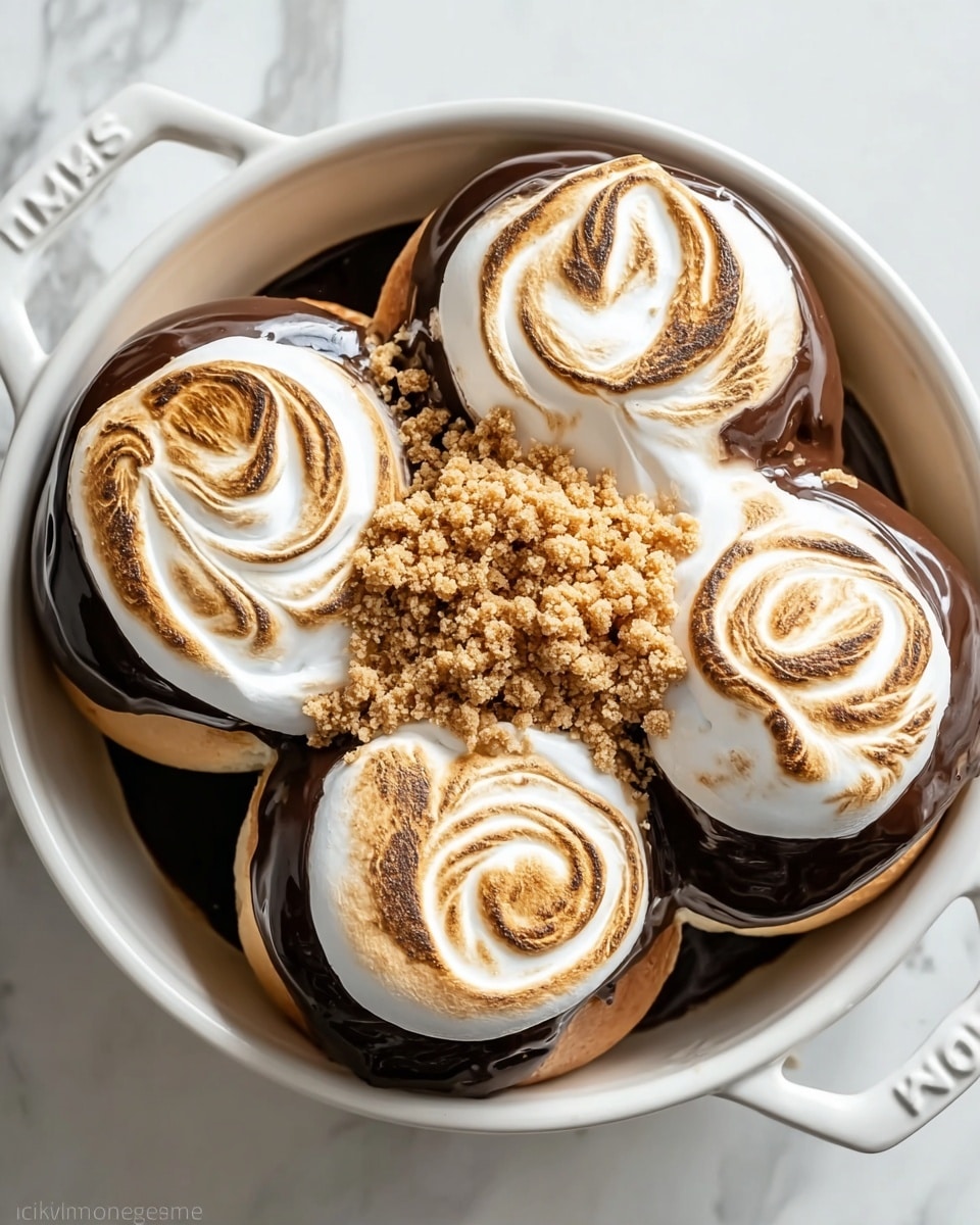 A white round dish holds five soft bread rolls arranged in a circle with a space in the center, each roll topped with a smooth, thick layer of glossy dark chocolate. On top of the chocolate, there is a swirl of browned toasted white marshmallow cream, giving a light golden pattern. The center space is filled with light brown crumbled topping, contrasting with the smooth textures. The dish sits on a white marbled surface. photo taken with an iphone --ar 4:5 --v 7