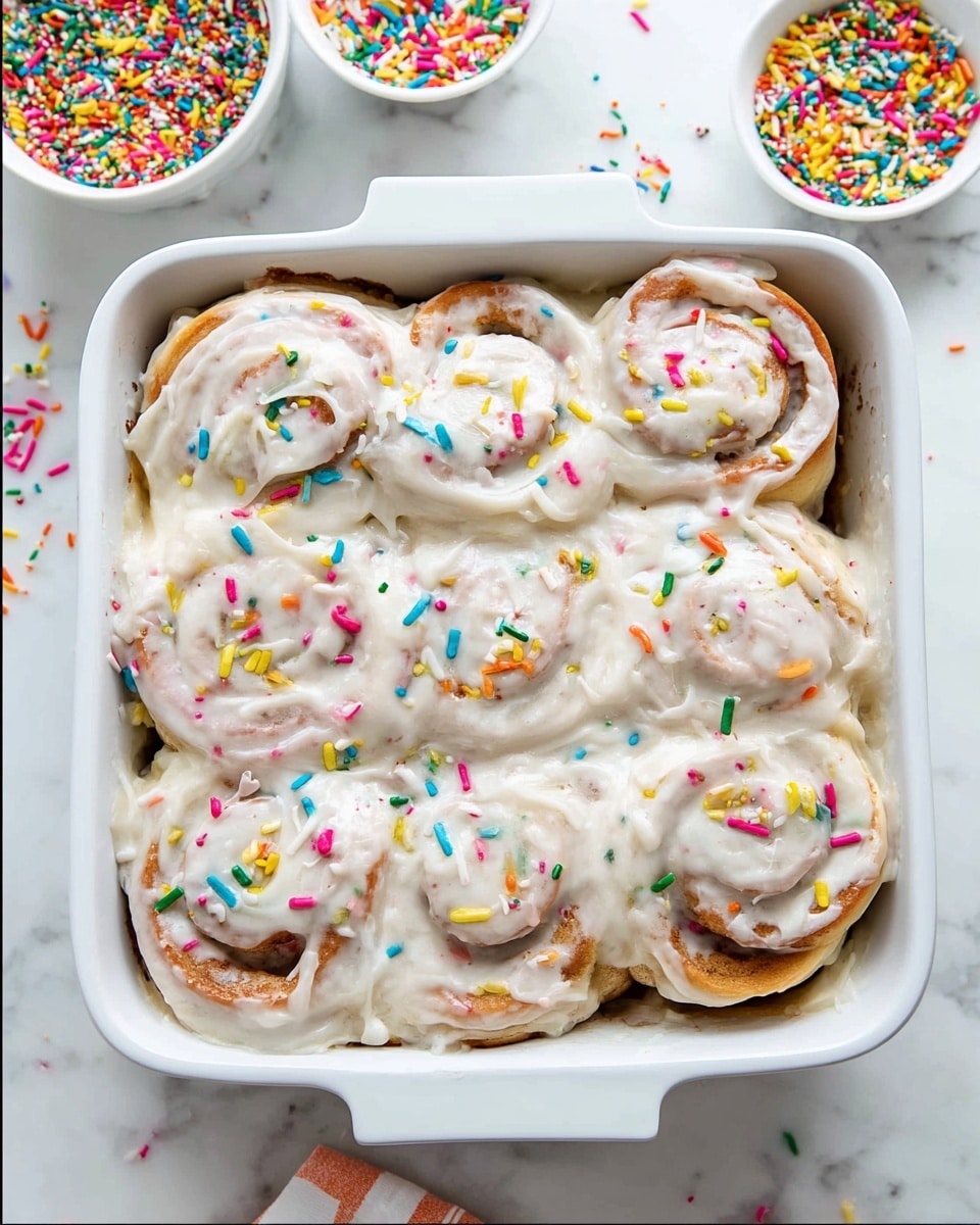 The image shows a white square baking dish filled with a dozen cinnamon rolls covered in thick, creamy white icing that drapes over the soft, golden-brown swirled dough. The rolls are generously sprinkled with colorful round and rod-shaped sprinkles in red, yellow, green, blue, orange, pink, and white, adding a playful touch. The icing has a smooth texture with slight peaks and rests unevenly over the layers of the rolls. The dish is placed on a white marbled surface with two small white bowls in the background, one filled with more colorful sprinkles and the other with extra crema-like icing, while additional sprinkles are lightly scattered around. photo taken with an iphone --ar 4:5 --v 7