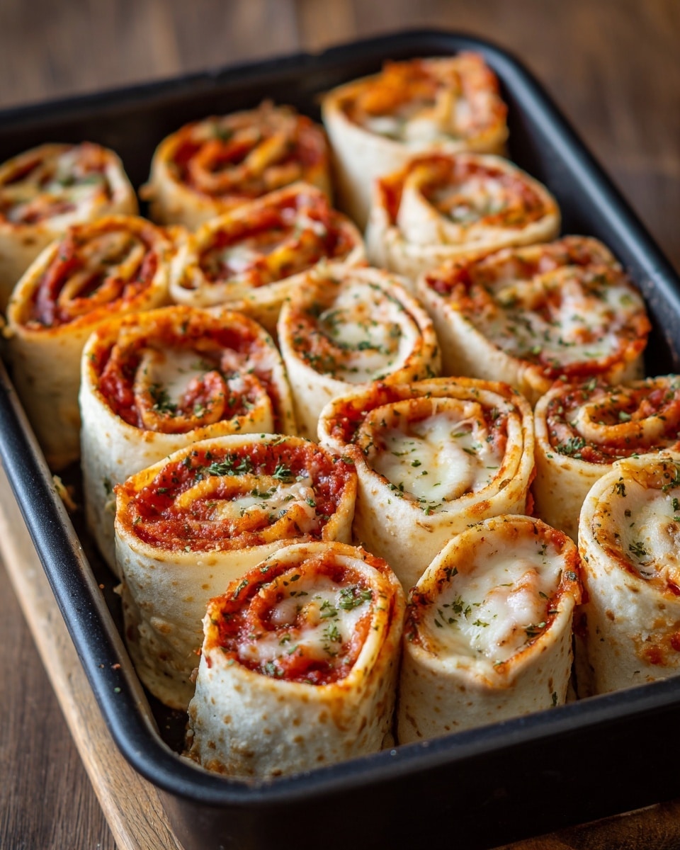 The image shows a close-up of a baking tray filled with multiple pizza roll-ups standing vertically. Each roll has three visible layers starting from the outer white, soft tortilla dough with a slightly browned and seasoned texture, a middle red layer of tomato sauce with slices of pepperoni, and a top melted cheese layer that is light yellow with browned spots and sprinkled with green dried herbs. The rolls are tightly packed, showing a spiral pattern of the ingredients inside. The scene is placed on a white marbled surface. Photo taken with an iphone --ar 4:5 --v 7