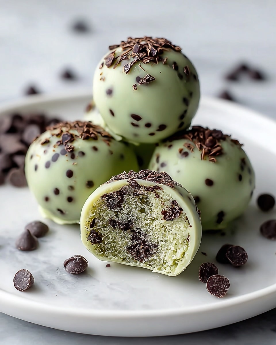 A close-up of five round dessert balls on a white plate, each covered in a smooth pale green coating with small dark chocolate chips embedded on the surface and sprinkled with light brown crunchy bits. The dessert balls have a glossy texture with some frost-like sparkle on the toppings. A few dark chocolate chips are scattered around the base of the balls on the plate. The background has a soft white marbled texture with light fabric folds that add depth. photo taken with an iphone --ar 4:5 --v 7
