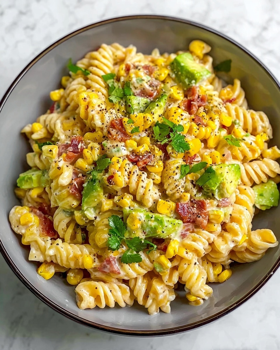 A bowl filled with creamy pasta made of three visible layers: the base layer has spiral pasta coated with a light cream sauce mixed with yellow corn kernels and small red bits, the middle layer shows chunks of green avocado and small pieces of red bacon spread evenly, and the top layer is sprinkled with fresh green herbs and a bit of black pepper, all placed in a white bowl on a white marbled surface. Photo taken with an iphone --ar 4:5 --v 7