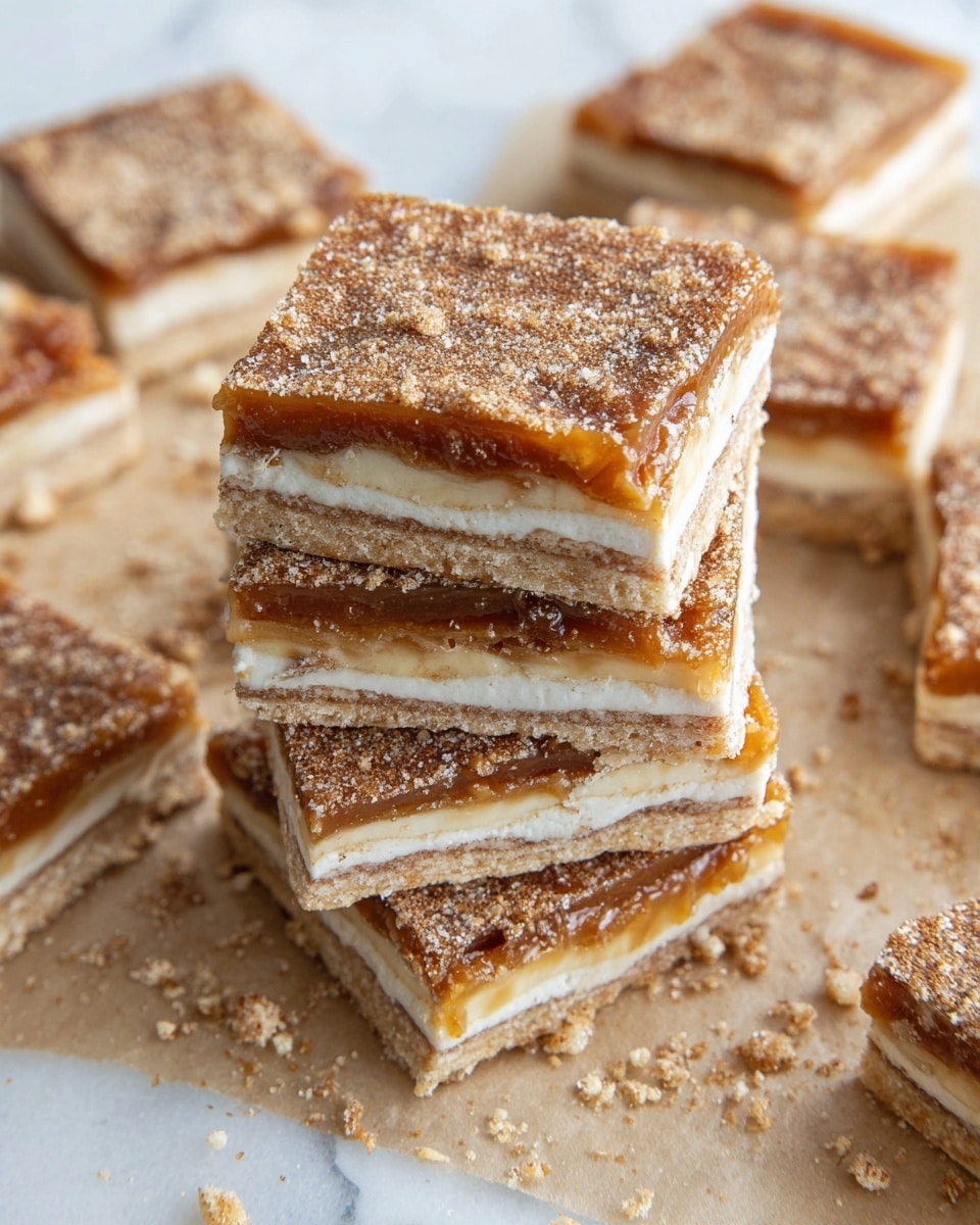 A stack of layered bars with seven visible layers, alternating between light brown cracker-like layers and creamy white filling, topped with a thick glossy caramel layer and sprinkled heavily with cinnamon sugar. The top layer has a grainy texture from the sugar and cinnamon, and the caramel edges are slightly melted and uneven. The bars are cut into squares with crumbly edges, placed on light brown parchment paper over a white marbled surface, with additional squares and crumbs scattered around. photo taken with an iphone --ar 4:5 --v 7