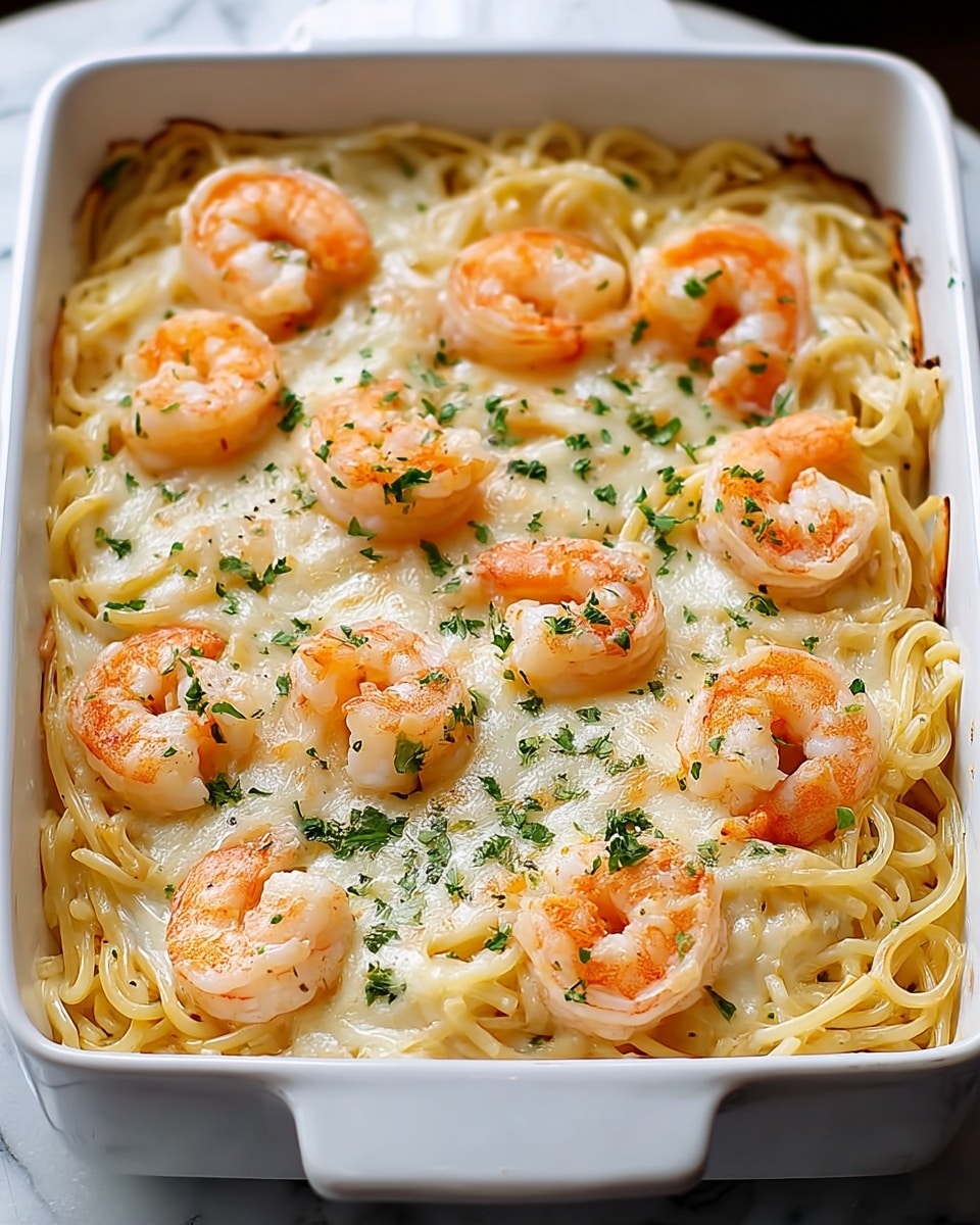 A white square baking dish filled with baked shrimp spaghetti, showing three main layers: the bottom layer of pale yellow cooked spaghetti noodles, a middle layer of creamy melted cheese that is smooth and slightly shiny, and the top layer featuring several plump orange shrimp arranged evenly across the dish, each shrimp curled and slightly glossy. Small green parsley flakes are sprinkled all over, adding contrast to the light colors. The edges of the dish have slight browning from baking. The dish rests on a surface with a white marbled texture. photo taken with an iphone --ar 4:5 --v 7