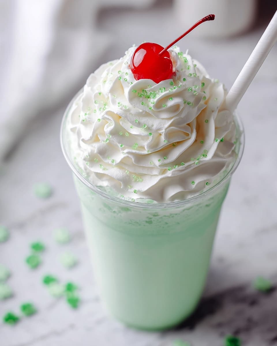 A clear cup filled with a light green creamy drink fills the bottom two-thirds of the image. On top, there is a thick layer of white whipped cream with soft, swirled peaks, sprinkled with tiny bright green sugar crystals. A bright red cherry with a long stem sits right in the center of the whipped cream, and a white straw leans into the drink from the right side. The cup is placed on a white marbled surface with small green decorations scattered around. The background is blurred, showing faint shapes but keeping focus on the drink. Photo taken with an iphone --ar 4:5 --v 7