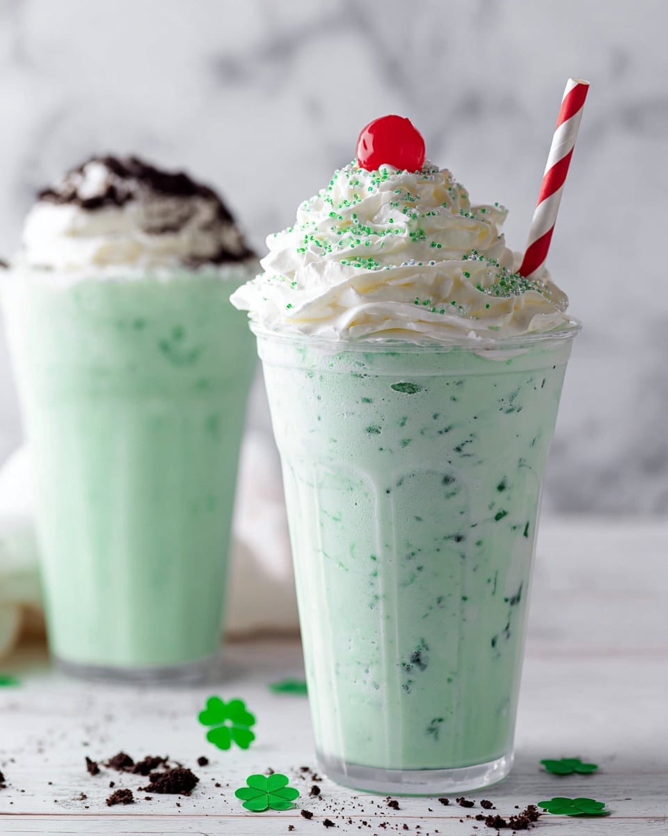 Two tall clear plastic cups hold light green milkshakes. The front cup has a thick base layer of smooth, pastel green milkshake with scattered darker green spots. On top, there is a large swirl of white whipped cream with small green sprinkles and a bright red maraschino cherry perched on top. A white straw with red stripes is stuck into the milkshake at an angle. In the background, the second cup has a similar green milkshake with visible dark bits mixed in, topped with whipped cream and scattered dark cookie crumbs. Both cups sit on a bright white wood surface with small green clover decorations scattered around, set against a white marbled texture background. photo taken with an iphone --ar 4:5 --v 7