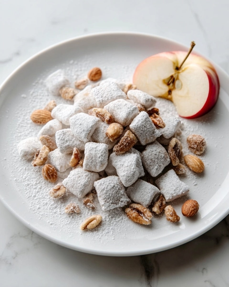 The image shows a close-up pile of small, square-shaped snacks coated with a light dusting of white powdered sugar. Each piece has a rough, slightly crispy texture and is golden-brown in color. The pieces are stacked on top of each other, covering the whole frame, with some pieces slightly overlapping. The background features a white marbled texture barely visible behind the snack pile. Photo taken with an iphone --ar 4:5 --v 7